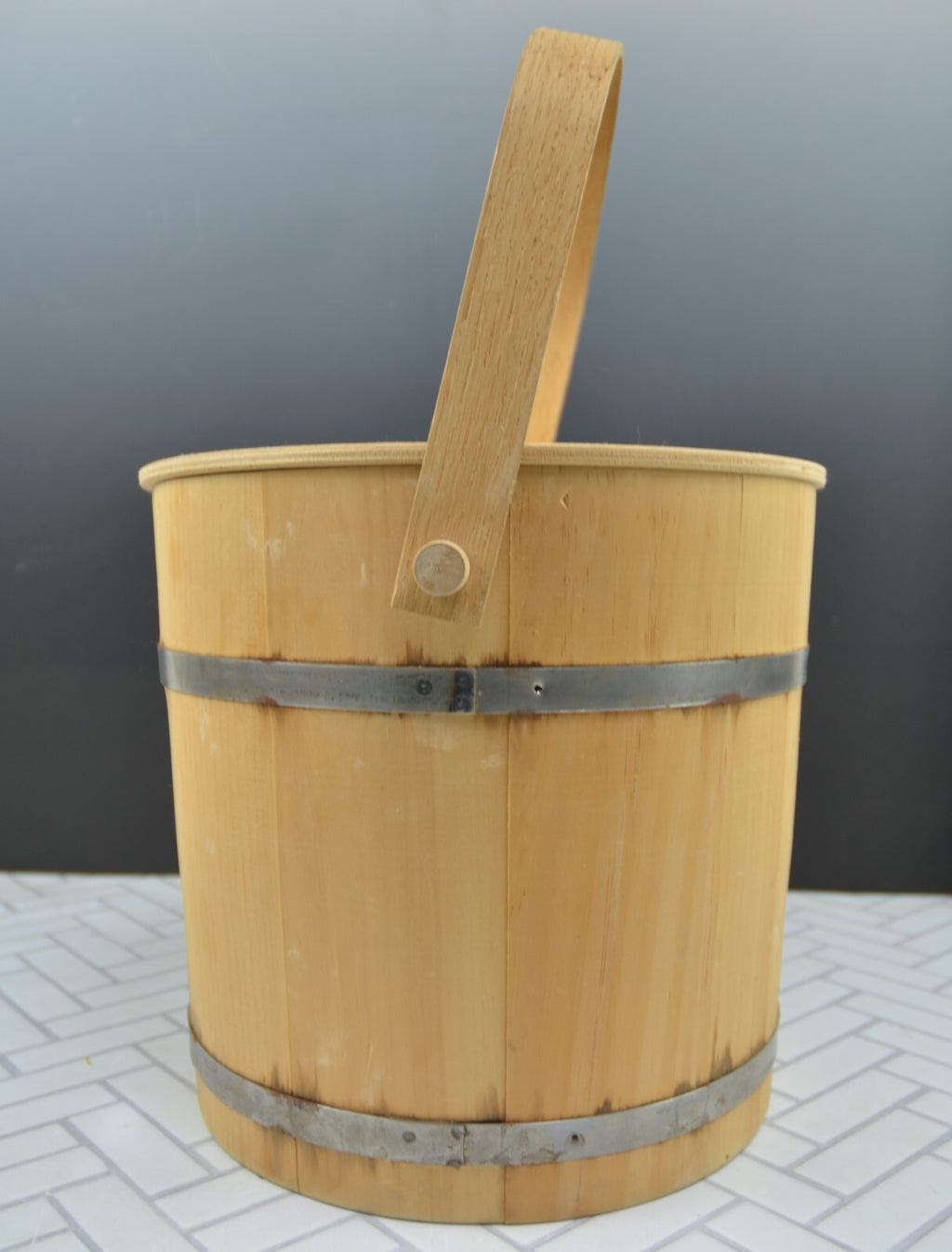 Vintage Metal-Banded Rustic Wooden Display Bucket with Lid 10-1/2" High