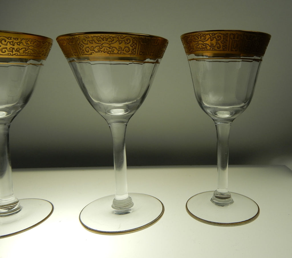 4 Vintage Tiffin Optic Valencia Gold Encrusted Vintage Liquor Glasses