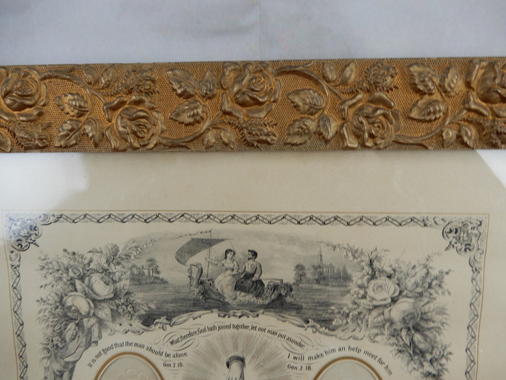 Circa 1872 Marriage Certificate in Gold Embossed Wood Hand Painted 22" Frame