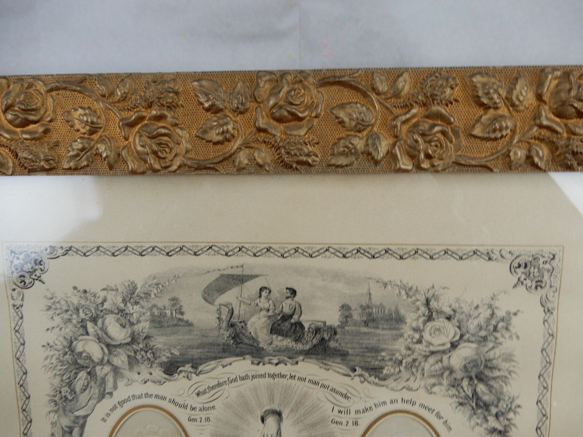 Circa 1872 Marriage Certificate in Gold Embossed Wood Hand Painted 22" Frame