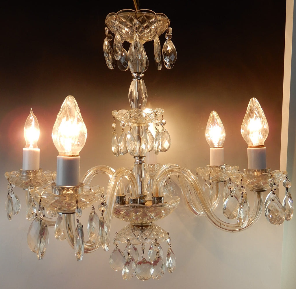 Vintage 20-5/8" 5 Arm Light Light Crystal & Glass Chandelier