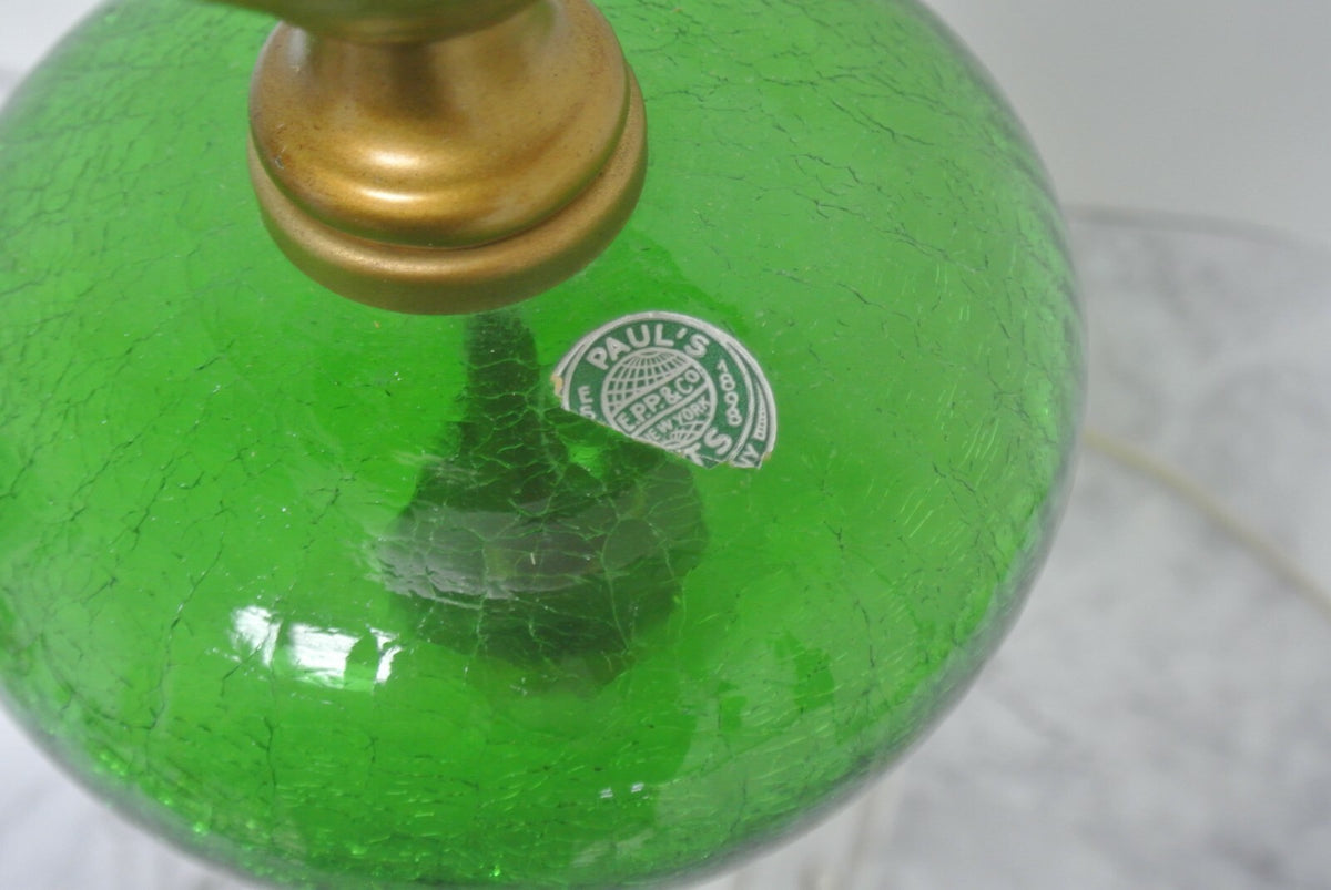 Vtge Italian White Carrara Marble & Green Crackled Hand Blown Glass Table Lamp