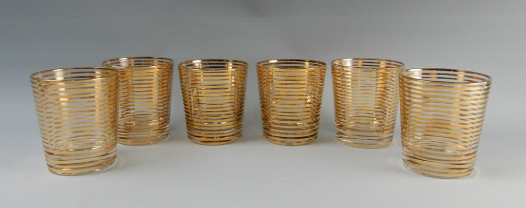 6 Pc. Hollywood Regency Rock Glasses W/Horizontal Metallic Gold Bands 8 oz