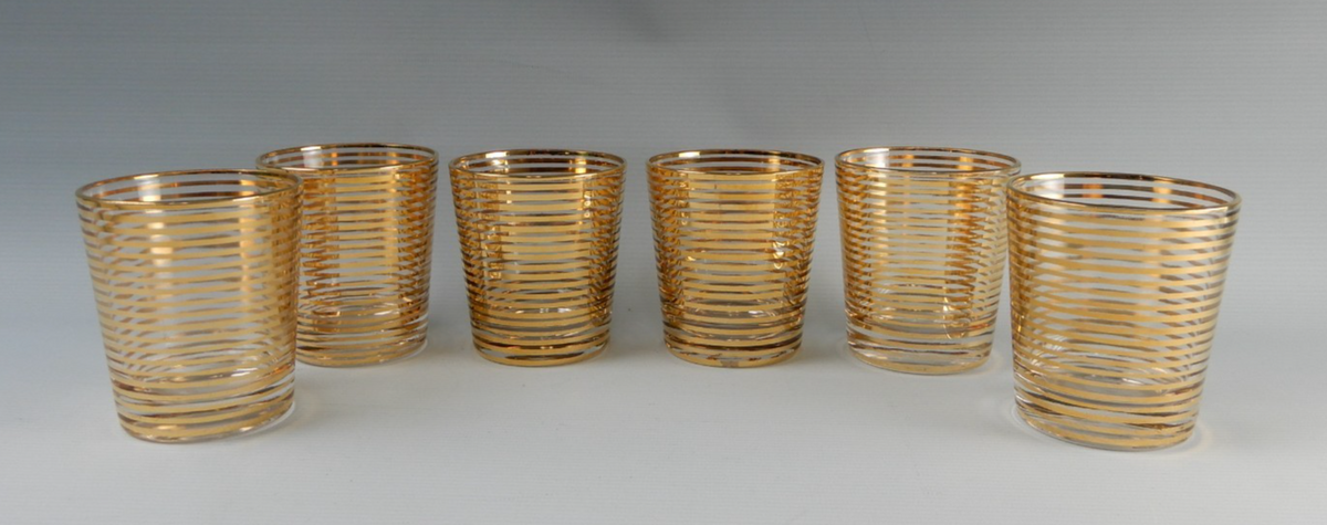 6 Pc. Hollywood Regency Rock Glasses W/Horizontal Metallic Gold Bands 8 oz