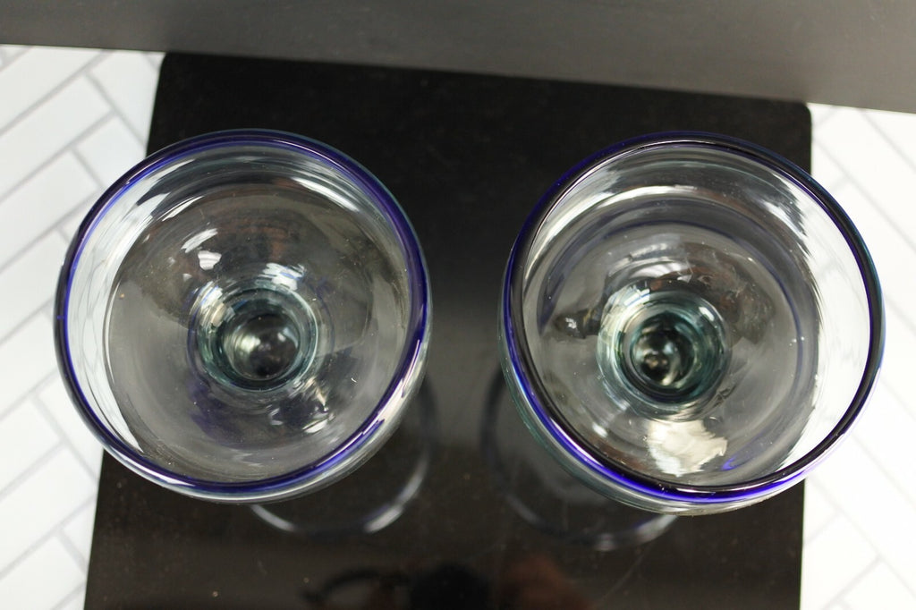 Lot Of 3 Vintage Mexican Hand Blown Cobalt Blue Rim Margarita Glasses