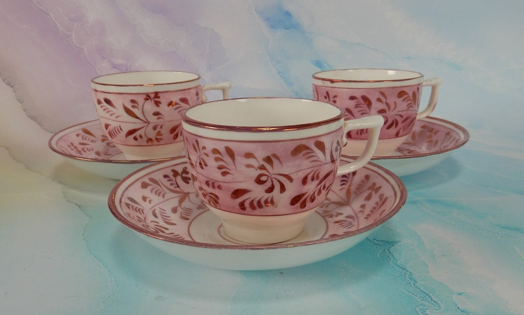 Set of 3~1800s Staffordshire Pink Luster Cups and Saucers: Sunderland Lusterware