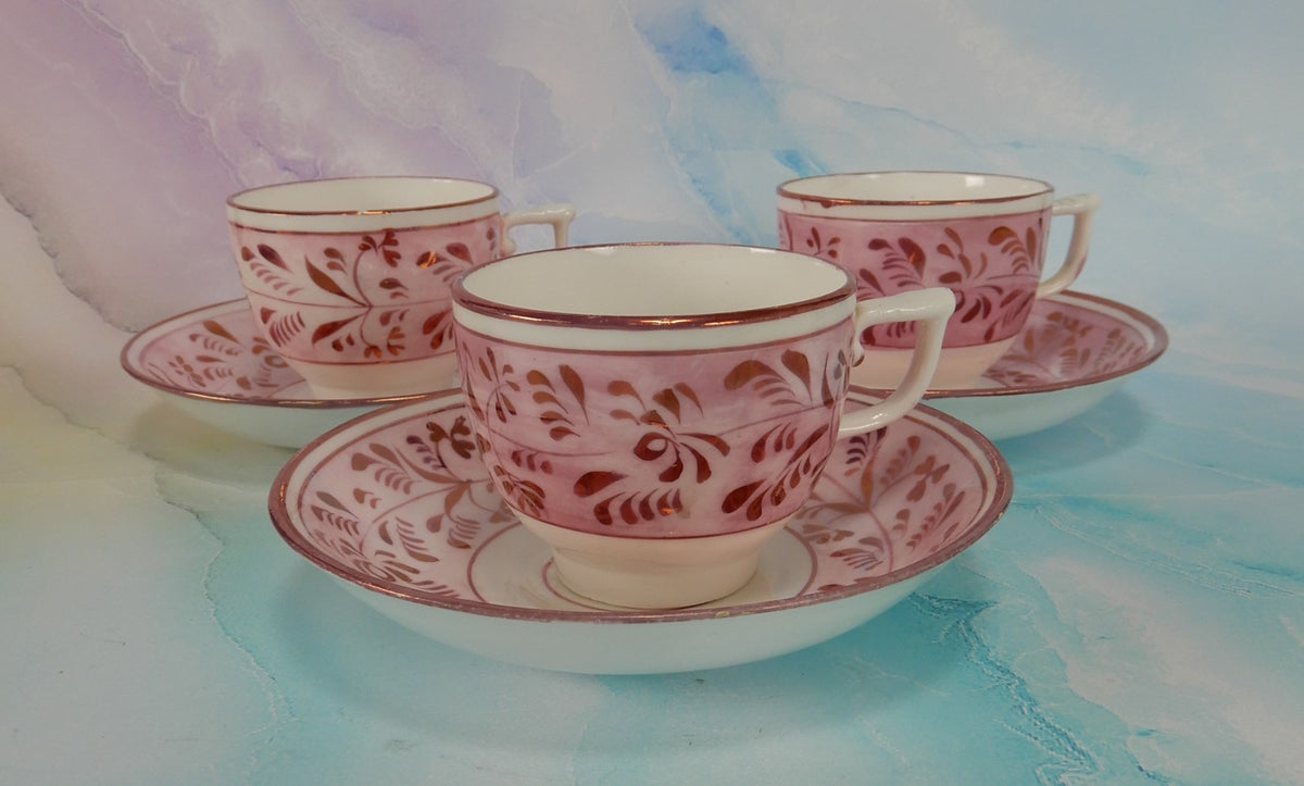 Set of 3~1800s Staffordshire Pink Luster Cups and Saucers: Sunderland Lusterware