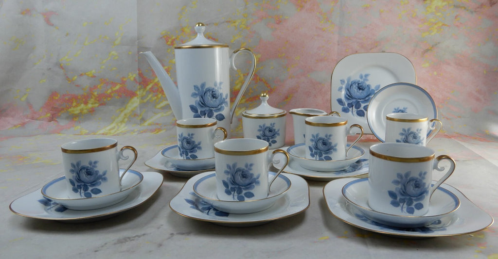 21 Set of Sweden Hackefors Porslin with Blue Roses Espresso Coffee Set For Six