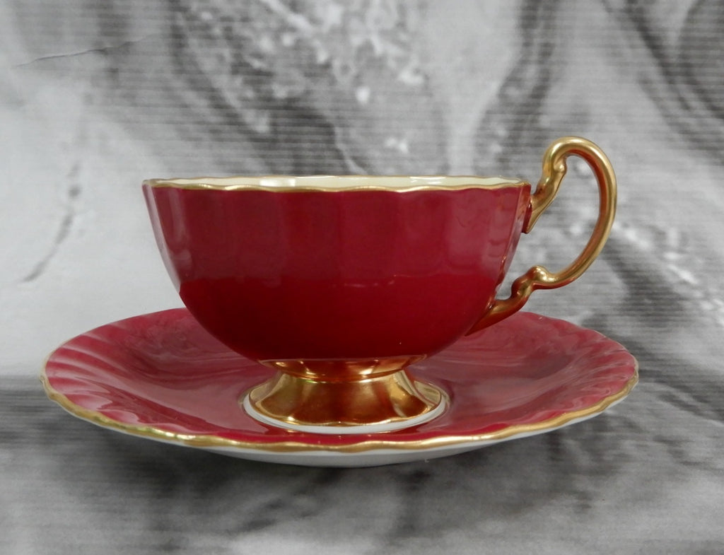 Vintage Aynsley "Orchard Fruit" England, Burgundy Cup, and Saucer Signed D.Jone