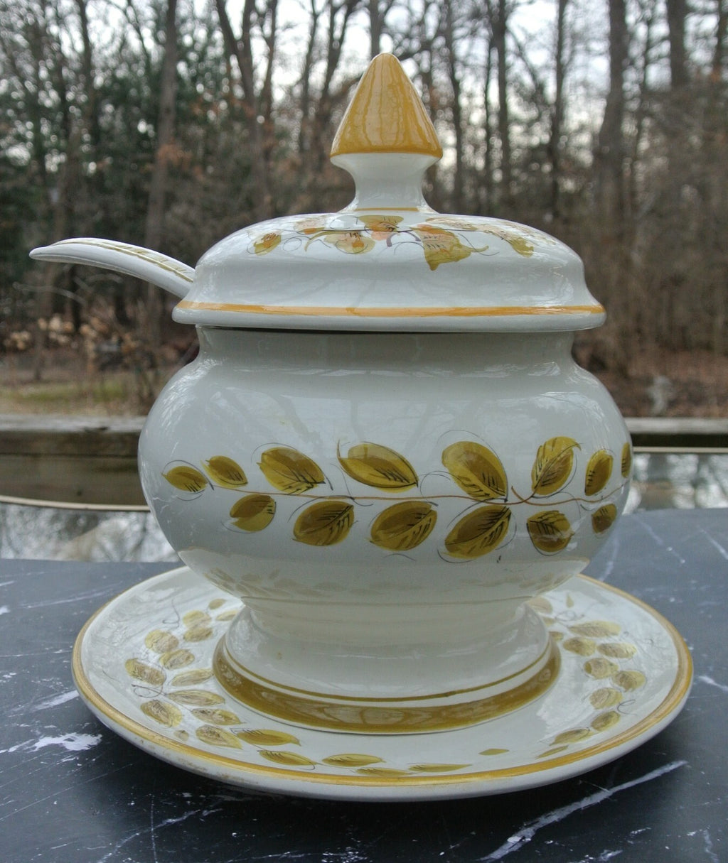Vintage Italian Yellow Ceramic Tureen with Platter & Ladle Hand Painted