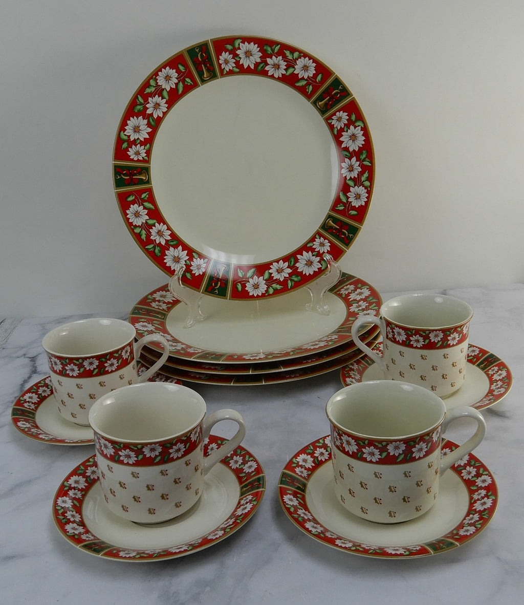 12 Pc Charlton Hall by Kobe Christmas 4 Dinner Plates, 4 Cups & 4 Saucers