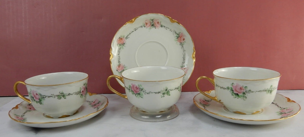 Set of 3 Hutschenreuther Selb Bavaria Cups and Saucers with  Pink Roses