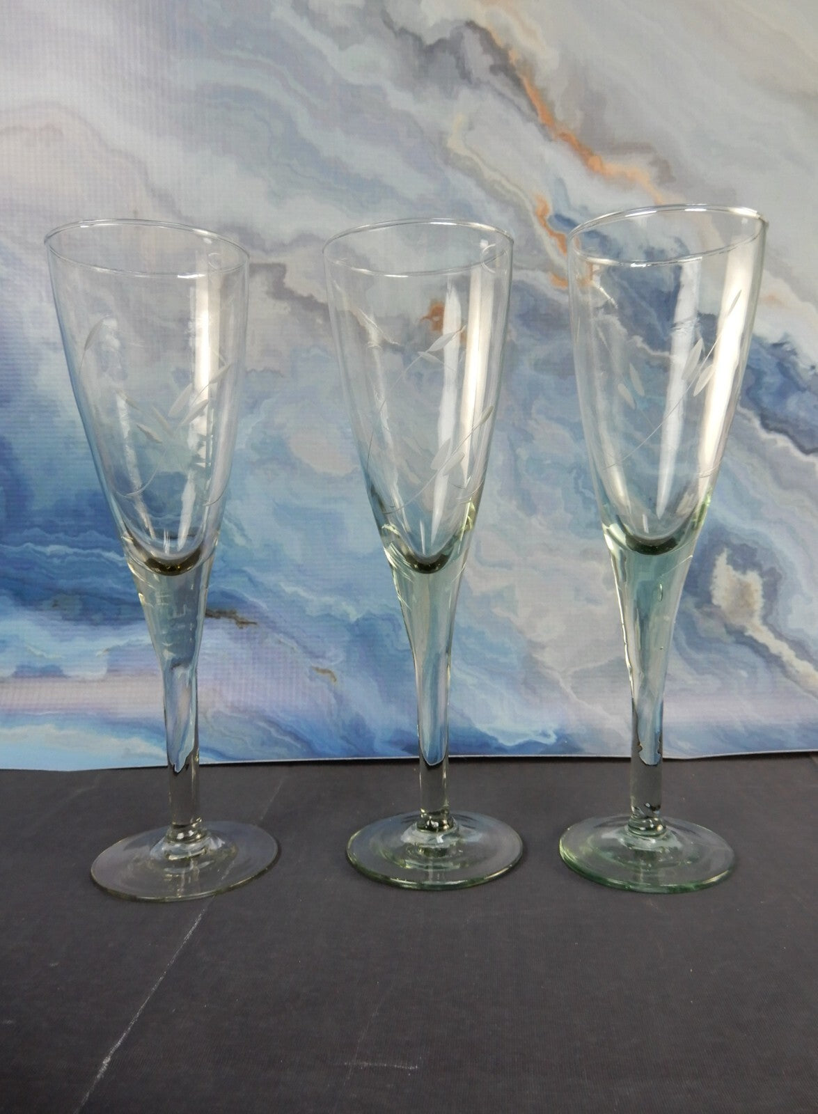 Set of 3 Hand Blown and Etched Glass - Champagne Flute Glasses