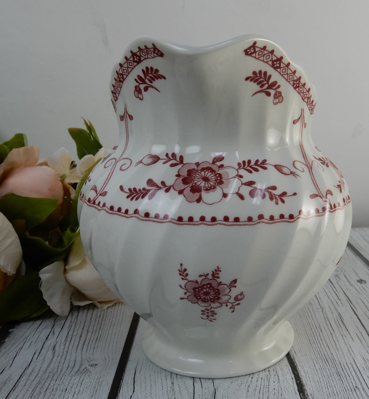 Vintage Johnson Bros. Indies White/ Pink Floral Ironstone Milk Jug England 32 oz