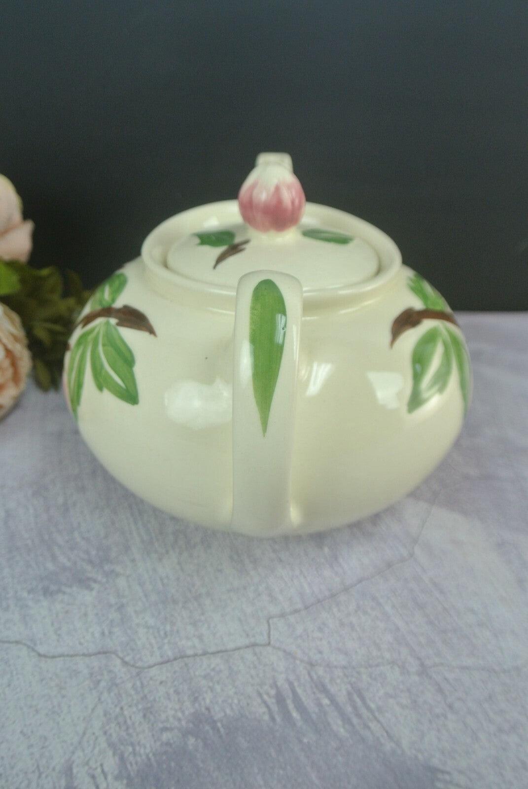 Vintage Continental Kilns Green Arbor Musical Box Teapot Pink Roses