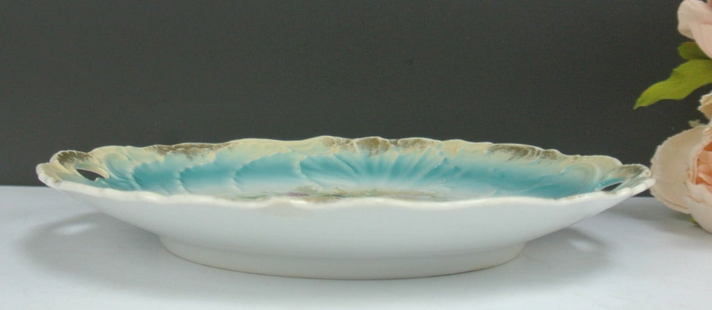 Vintage Porcelain Scalloped and Embossed with Handles Plate with Flowers