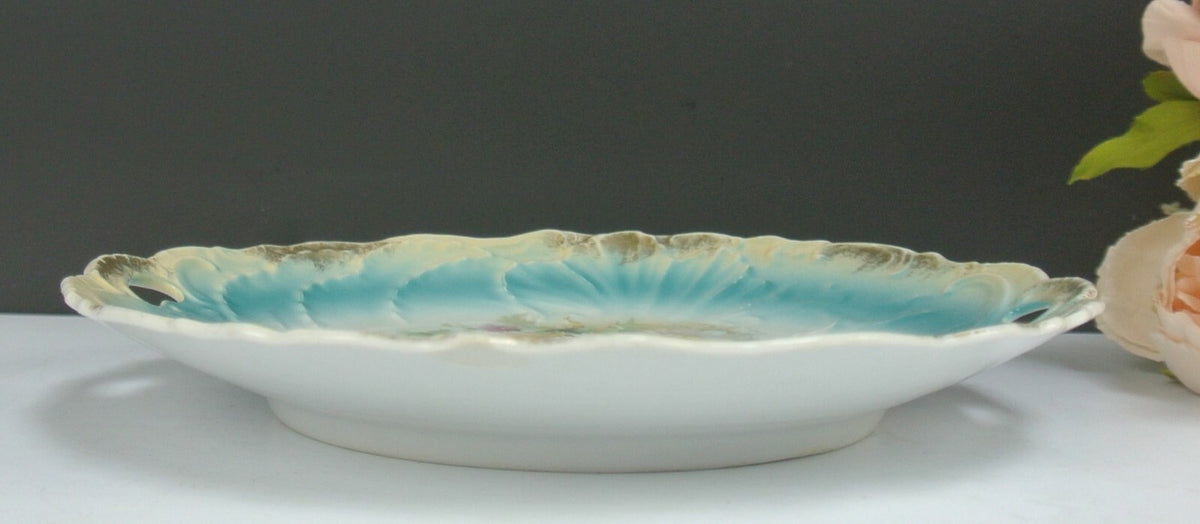 Vintage Porcelain Scalloped and Embossed with Handles Plate with Flowers