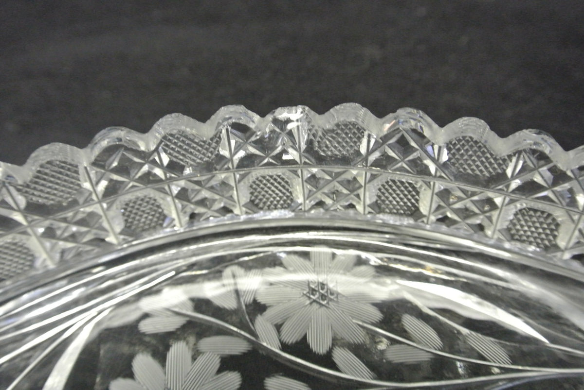 Antique American Cut Glass Boat Shaped Dish Daisy Buttons