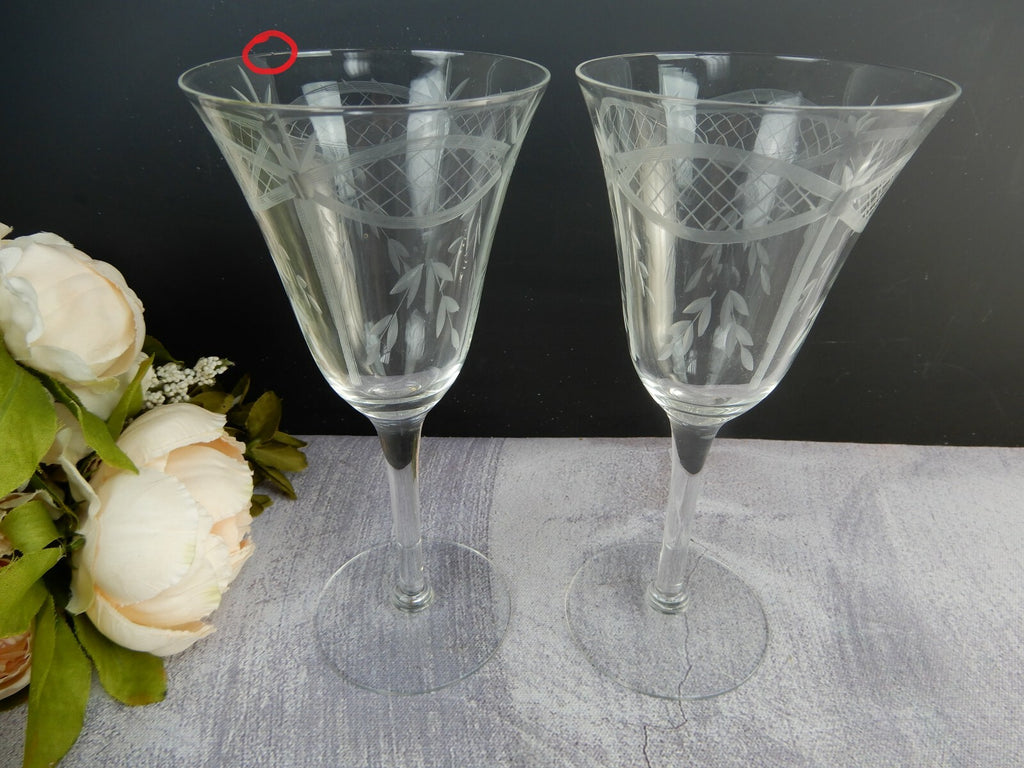 Set of 2 Vintage Long Stem Etched Water/Wine Glasses