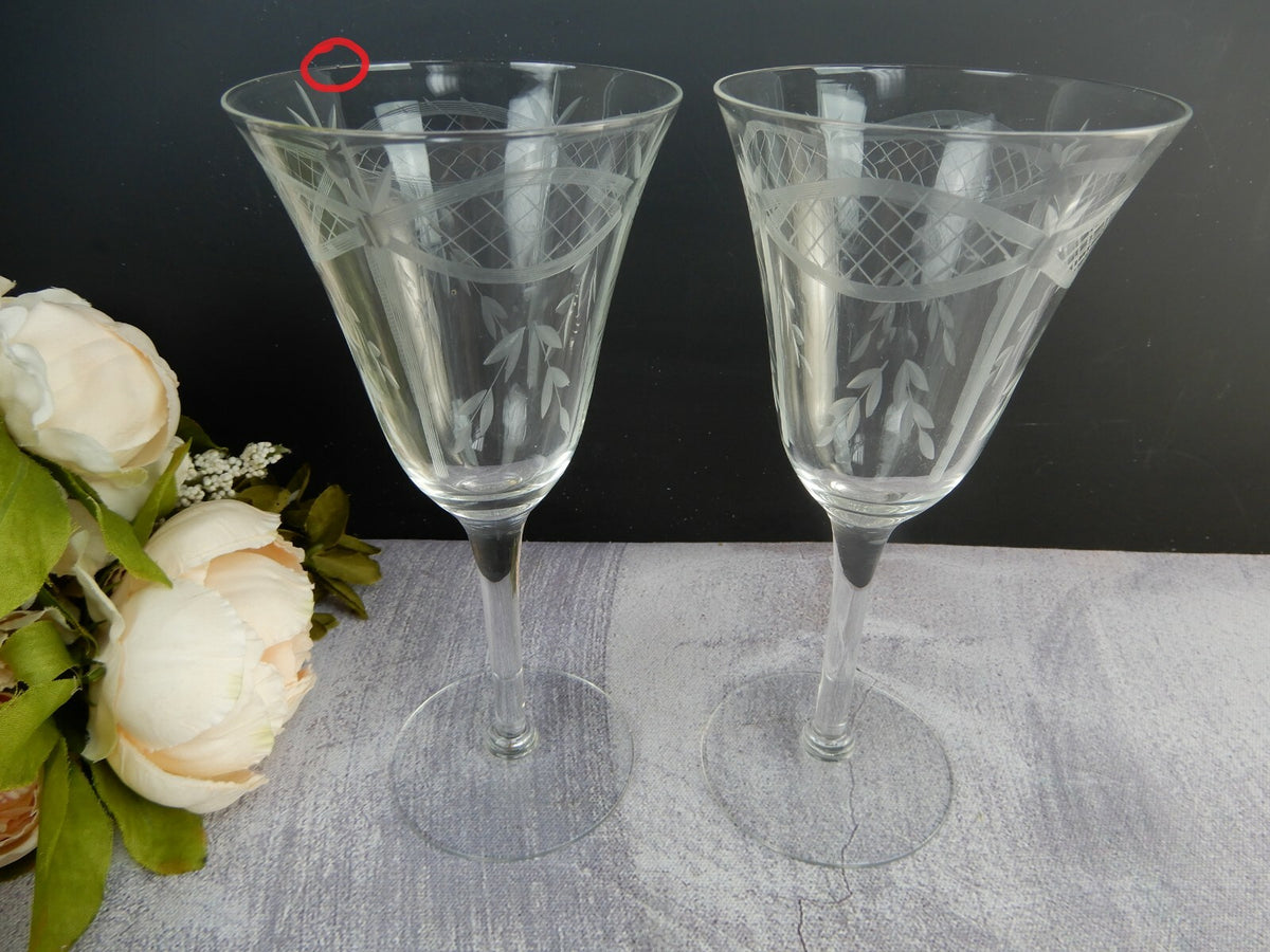 Set of 2 Vintage Long Stem Etched Water/Wine Glasses