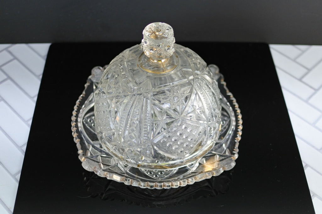 Vintage Ornate Starburst Press Glass Butter Dish With Lid