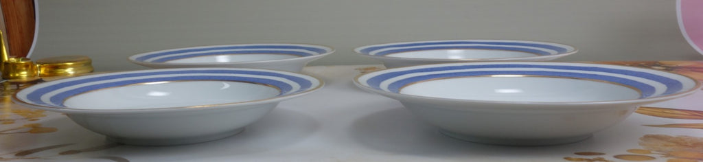 Set of 4 Crate & Barrel VERANDA Gold Rim Blue Striped Soup Bowls