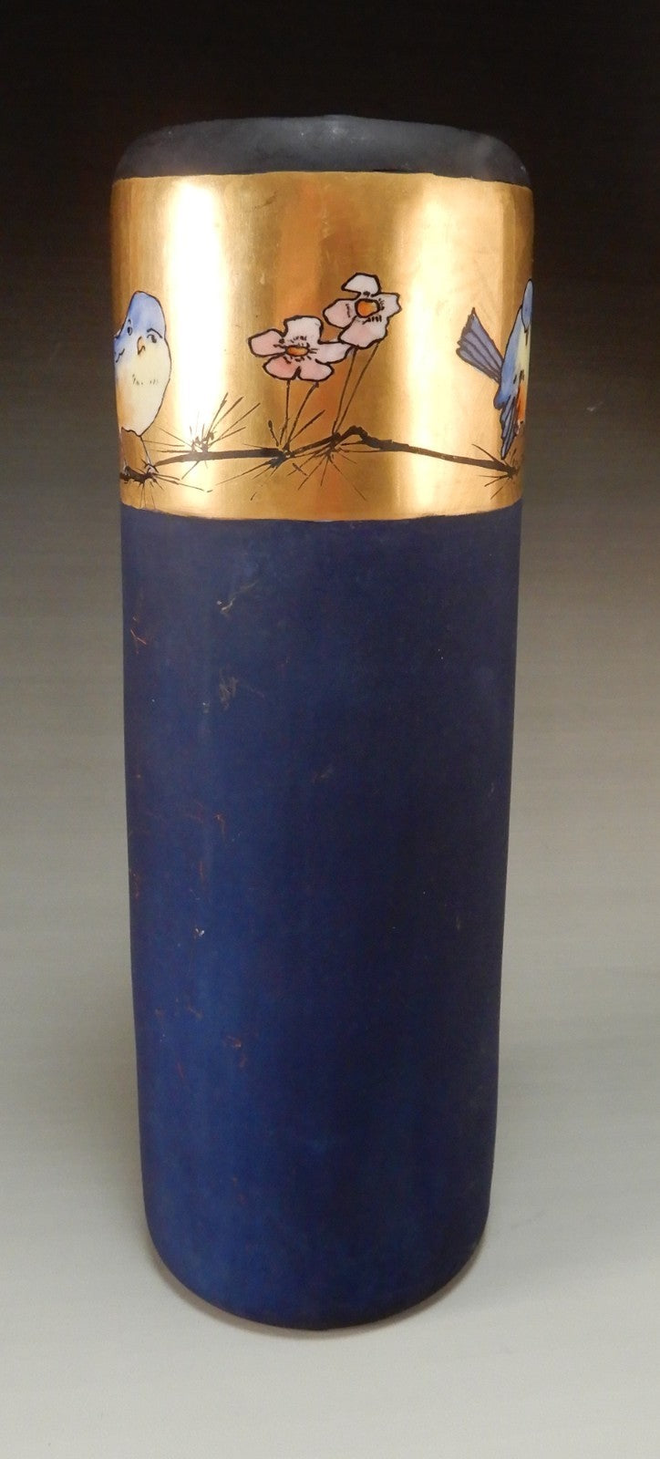 Antique PH Leonard Vienna Austria Hand Painted Birds Cylindrical 12-1/2" Vase