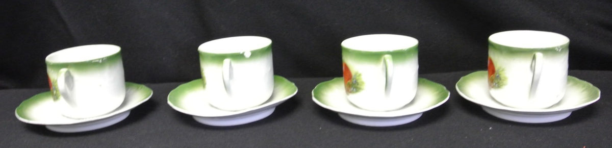 4 Vintage Lion Mark Made in Bavaria Green Cups & Saucers Decorated with Apples