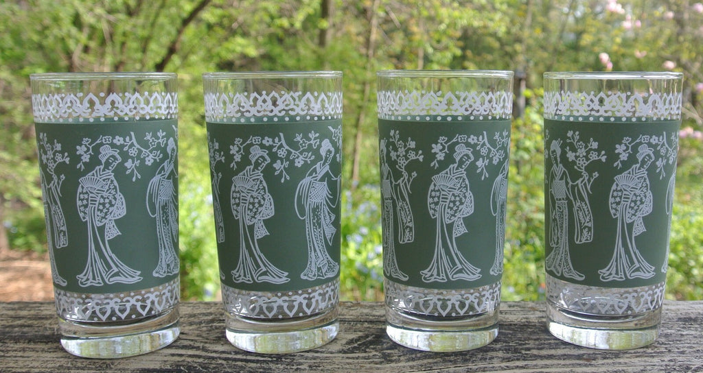 Set 4 Highball "Flower Festival" Green Geisha Glass Tumblers