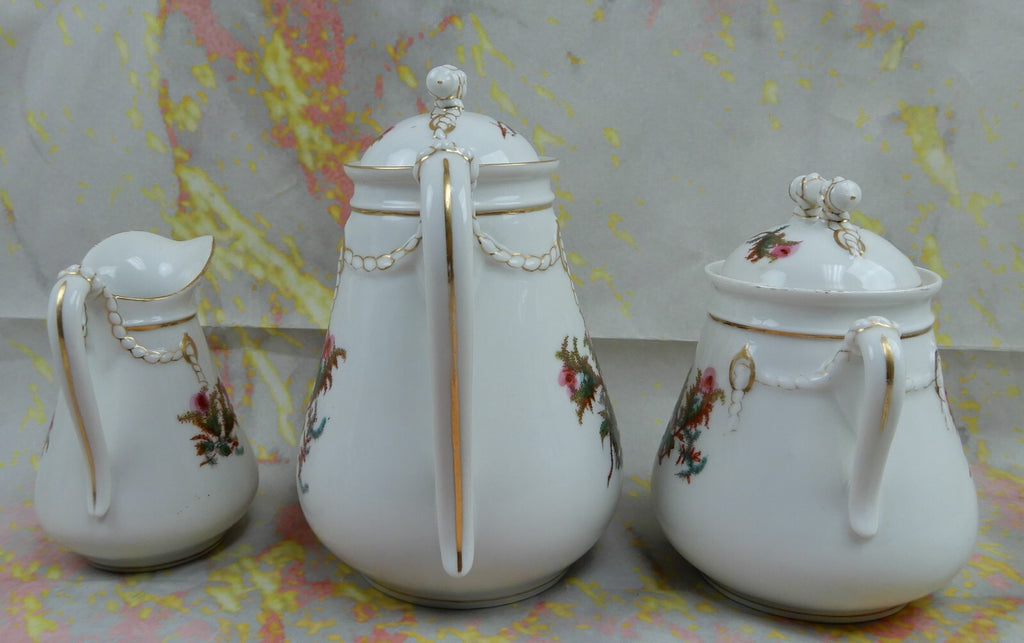 Vintage Haviland Limoge France "Moss Rose" Large Coffee Pot,Creamer ,Sugar Bowl