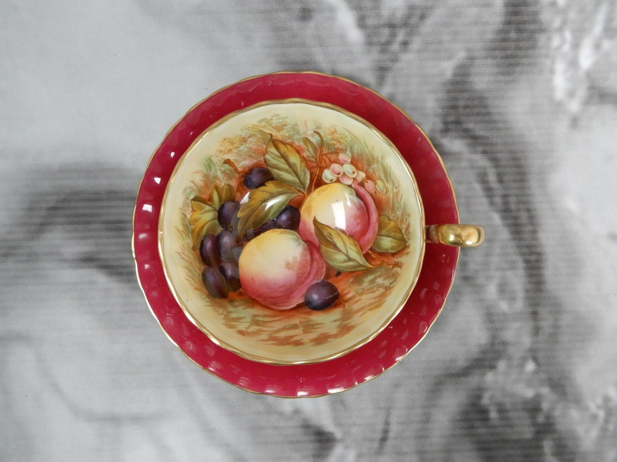 Vintage Aynsley "Orchard Fruit" England, Burgundy Cup, and Saucer Signed D.Jone