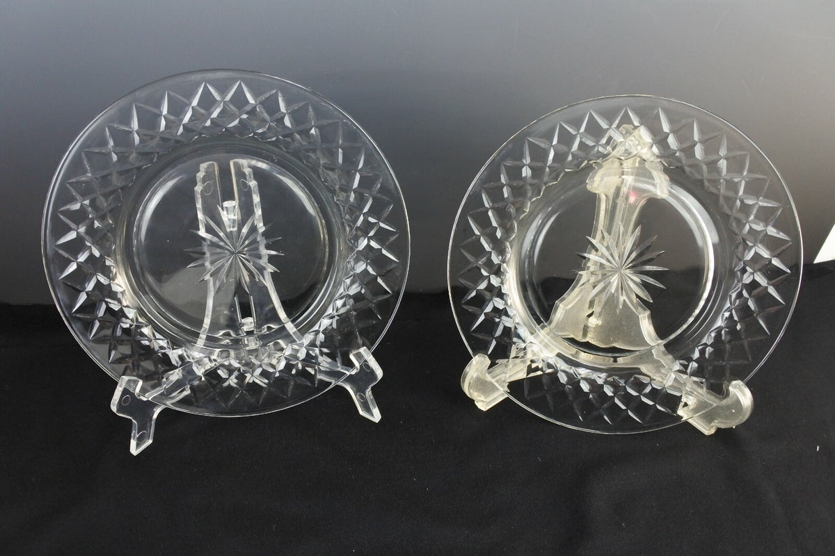 Lot of 6 Clear Glass Luncheon Plates With Criss Cross and Stardust Design