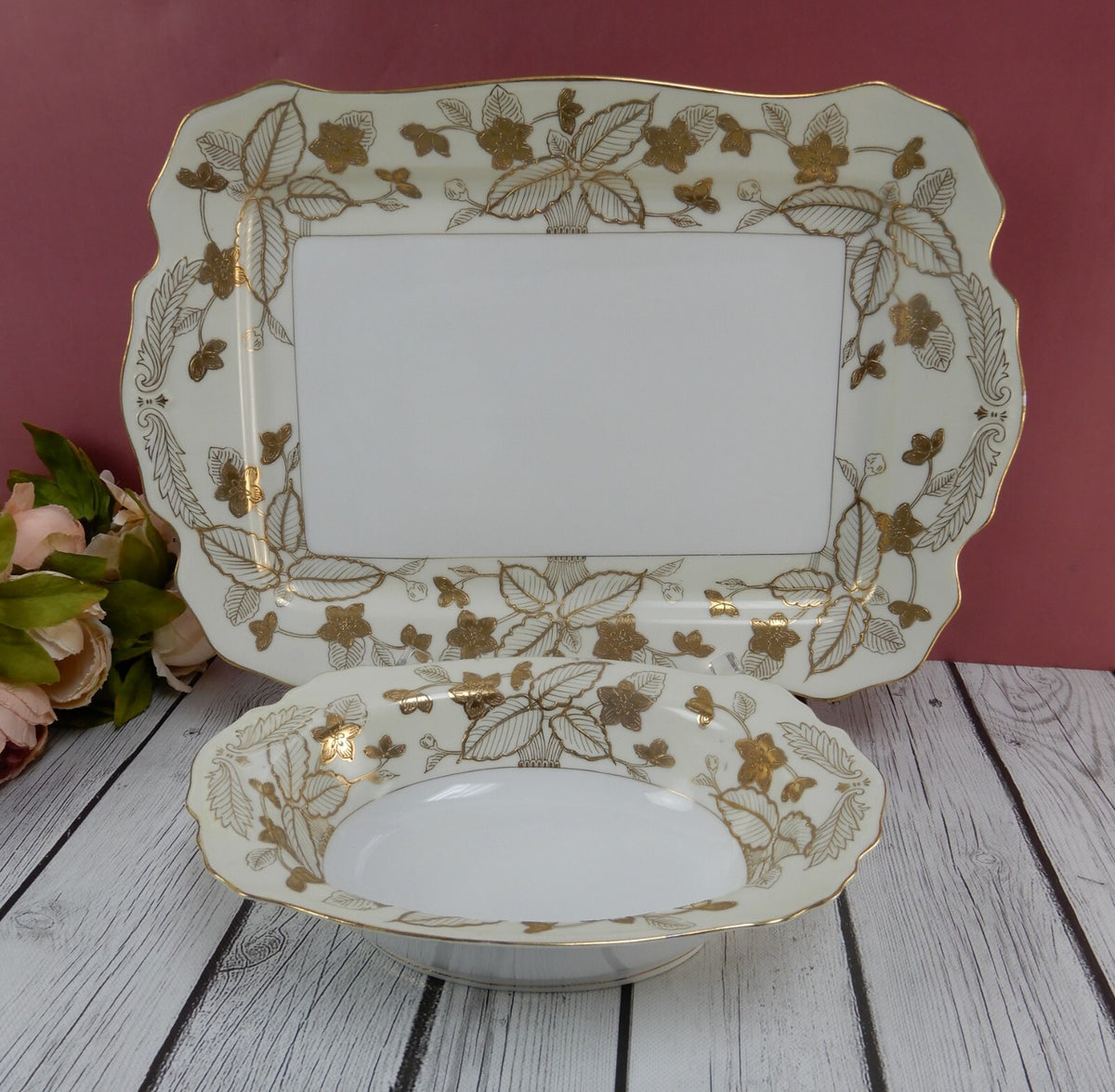 Gold Floral Anniversary Craftsman China Set of 16-3/8" Platter and Serving Bowl