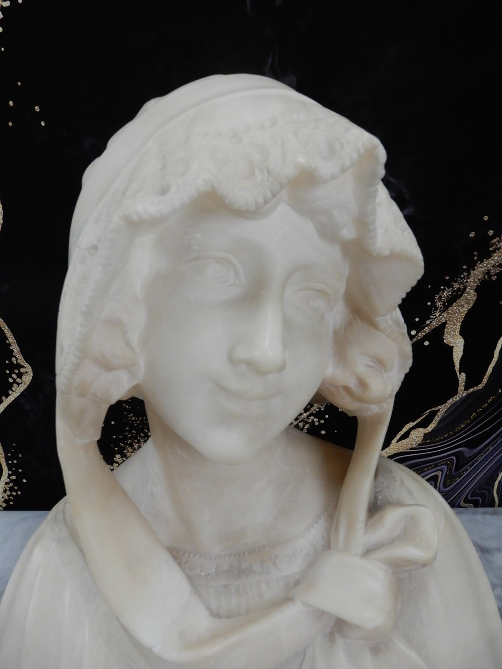 Alabaster Marble Bust Statue Young Woman Signed Stiaccini Florence Italy 10.5"H