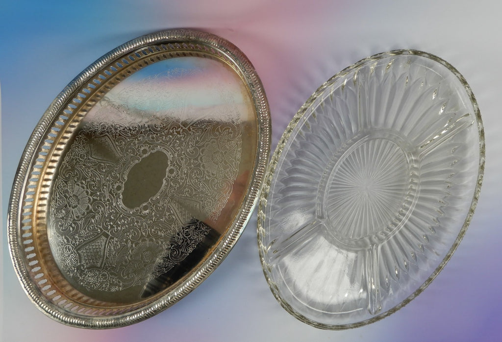 Vtge Silver-Plated Hors d’Oeuvres Serving Tray W/Glass Separate Inset 14-1/2"