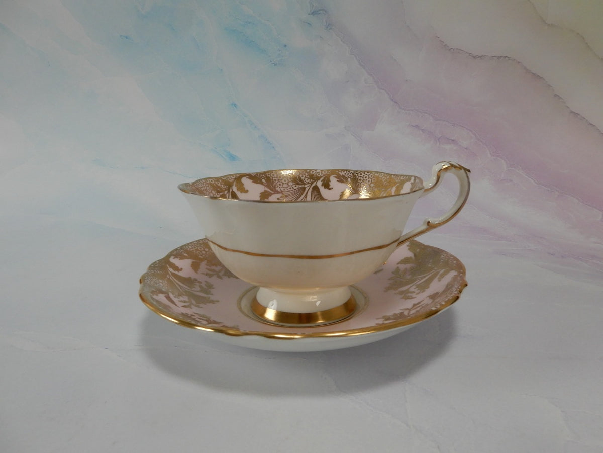 Paragon “ HM The Queen & HM Queen Mary” Light Pink Gold Filigre Cup And Saucer