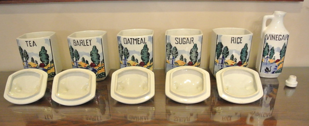 6 Vintage Czech Bohemian Ceramic Yvonne Canister Set with Beautiful Scenery