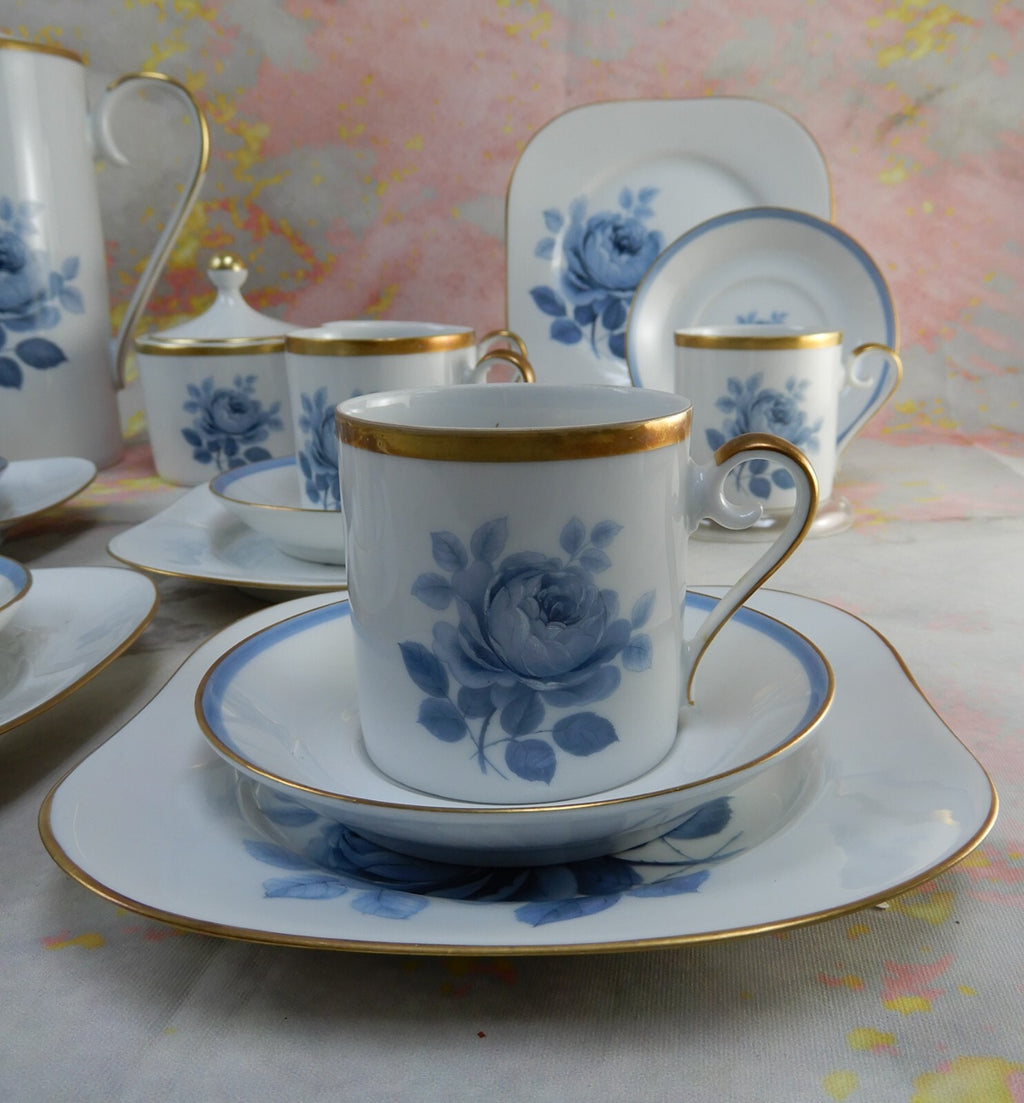 21 Set of Sweden Hackefors Porslin with Blue Roses Espresso Coffee Set For Six