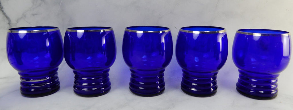 Eigth Imperial Glass Shaeffer Cobalt Blue Tumbler Glasses w/ Platinum Silver
