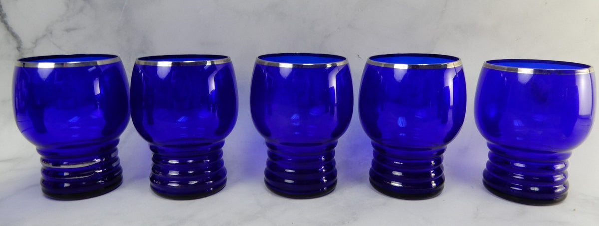Eigth Imperial Glass Shaeffer Cobalt Blue Tumbler Glasses w/ Platinum Silver