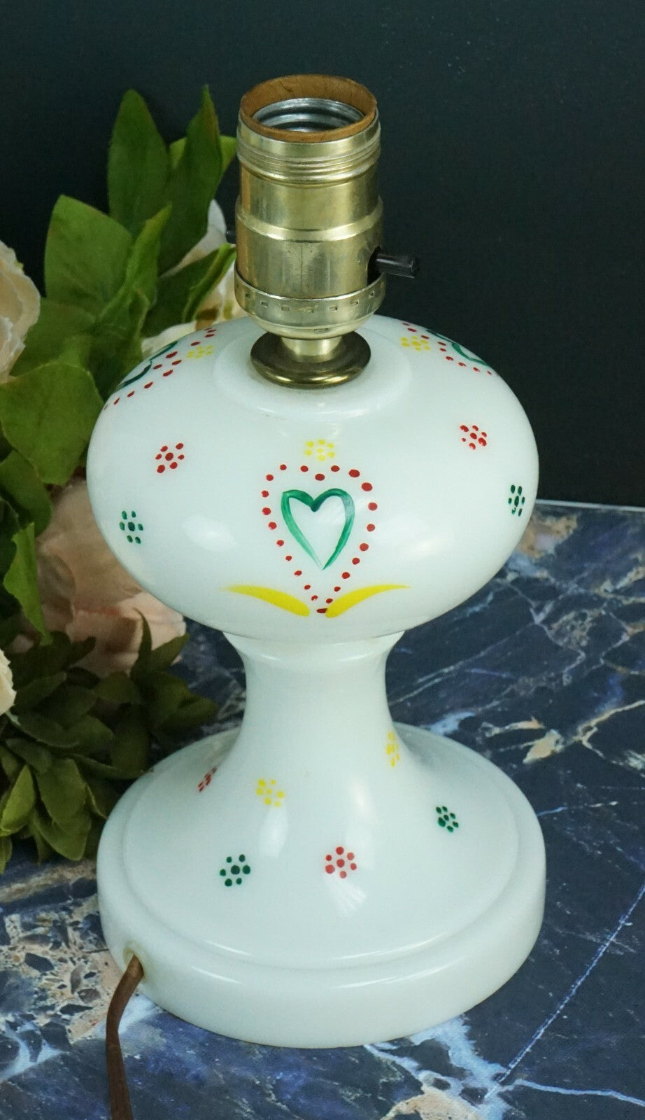 Vintage Glass Table Lamp with Hand Painted Hearts Design Milk Glass