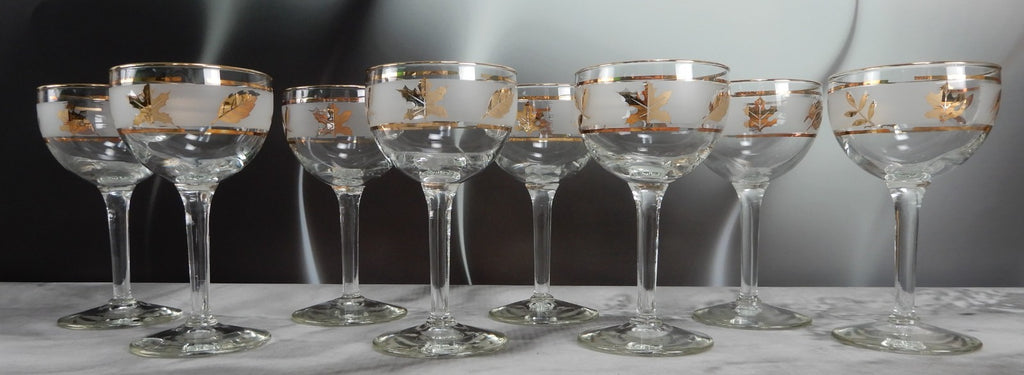 Vtg. Libbey Frosted Golden Foliage Gold Leaf Glass Cocktail Glasses, Set of 8