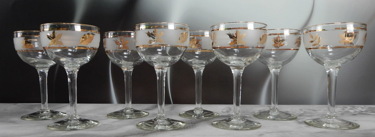 Vtg. Libbey Frosted Golden Foliage Gold Leaf Glass Cocktail Glasses, Set of 8