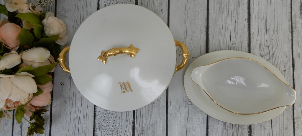Vintage Haviland Limoges France Tureen and Gravy Boat W/with Letter M
