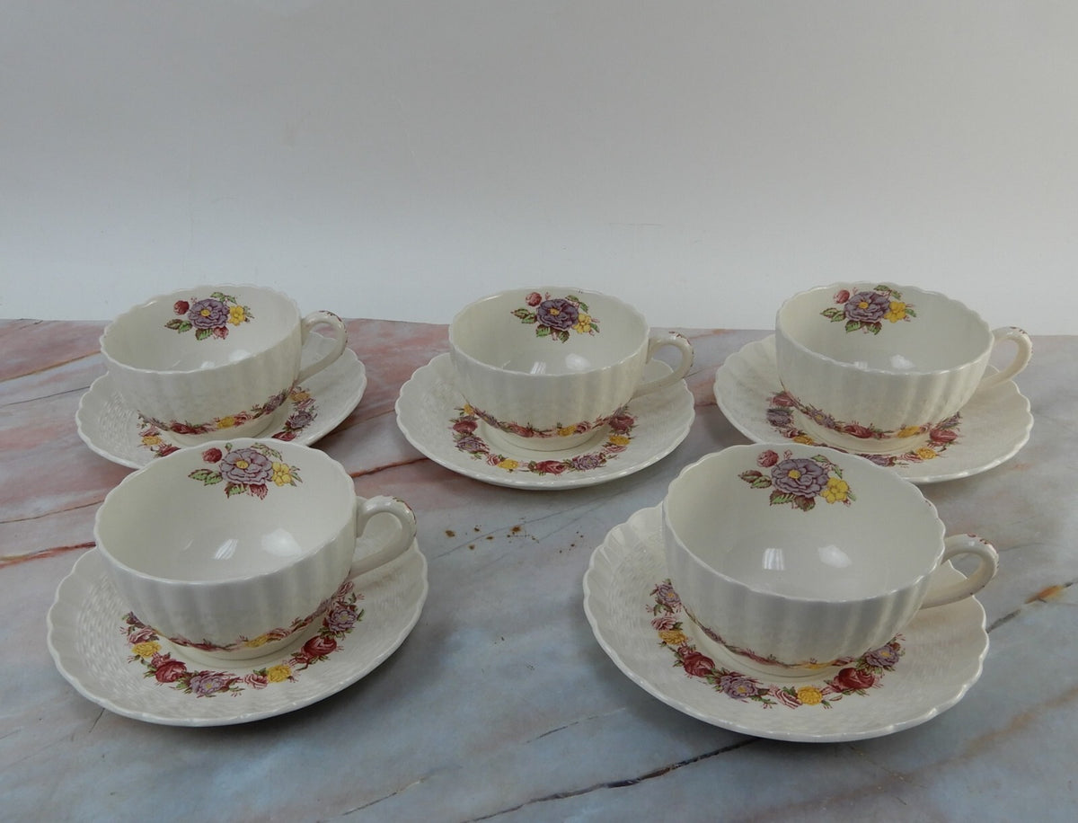 Vintage Copeland Spode "Rose Briar" Set of 5 Cup and Saucers Made In England