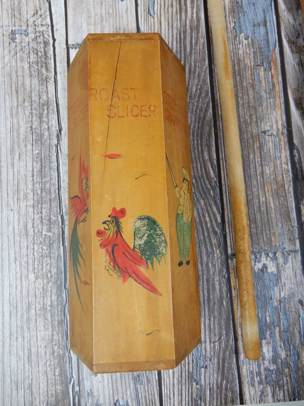 Vintage Wood Knife Holder Rack Wall Mount Kitchen Roosters & Chef Made in Japan