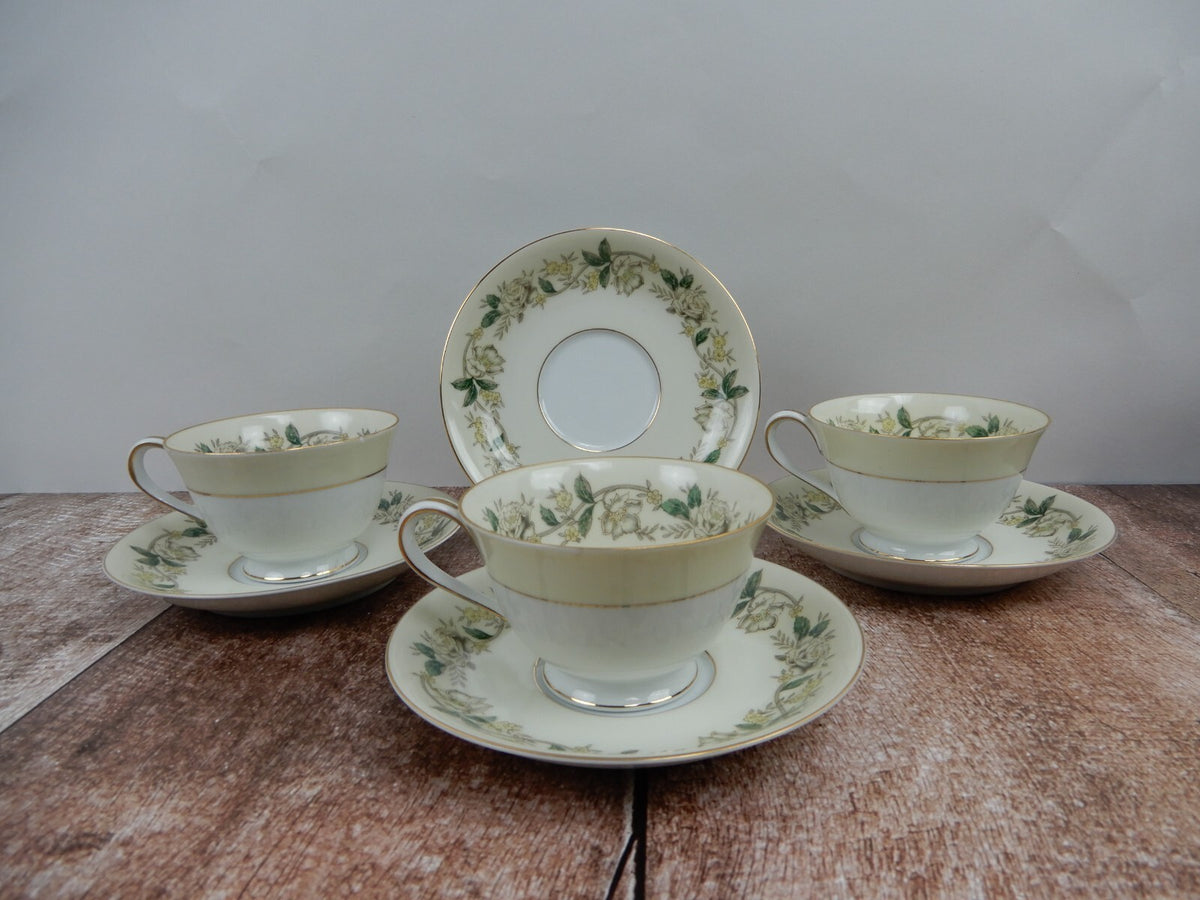 Vintage Noritake Morimura 5020 White Rose and Leaf Set of 3 Cups and Saucers