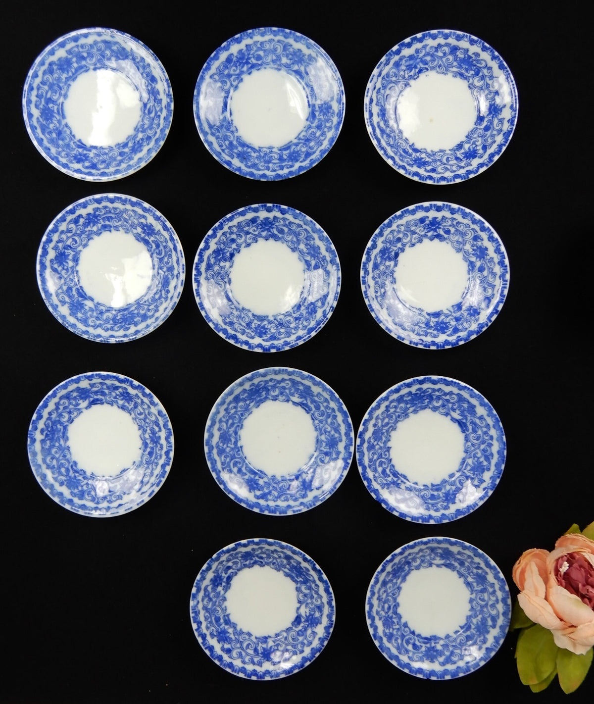 Flow Blue Style Set of 23 Piece 12 Ramekins Custard Cups with 11 Under Plates