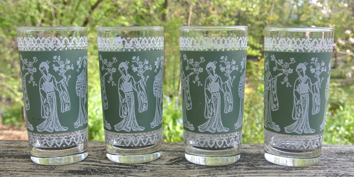 Set 4 Highball "Flower Festival" Green Geisha Glass Tumblers