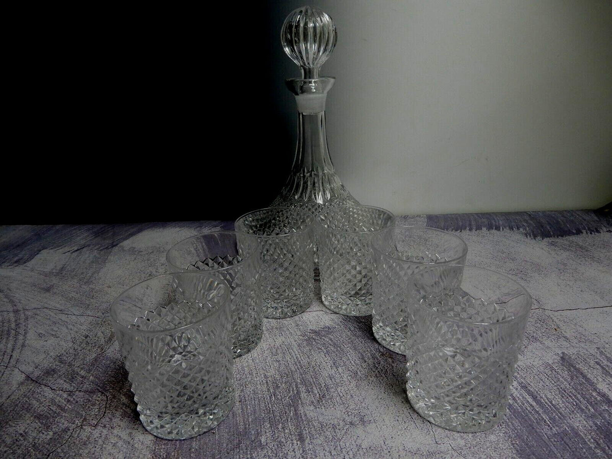 (7) Vintage Glass Diamond Pattern Ships Decanter and Drinking Glass Set